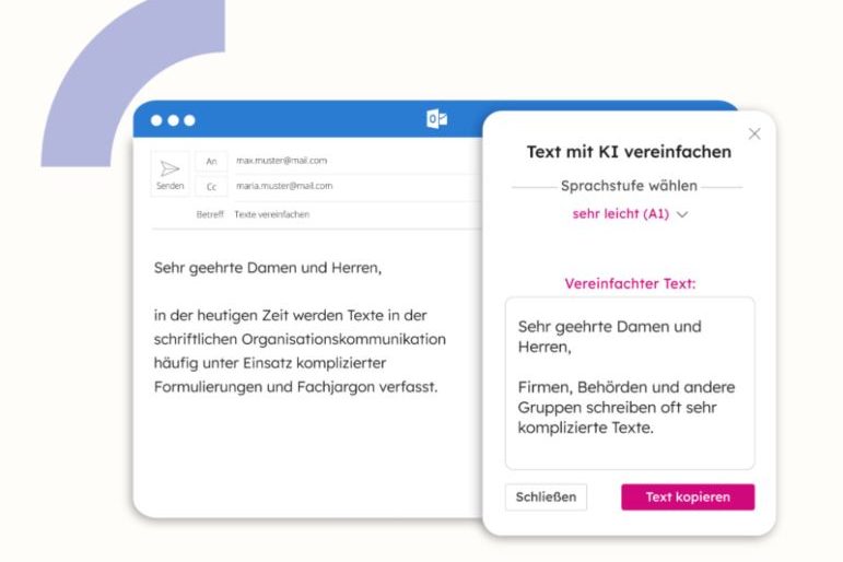 Ein Bild-Ausschnitt der Software capito.ai. Neben einem Text ist das Feld eingeblendet: "Text mit KI vereinfachen"