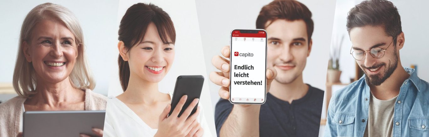 Ein Foto von 4 Personen mit Smartphones und Laptops. Ein Smartphone zeigt die capito App. Im Bildschirm steht: capito, endlich leicht verstehen.